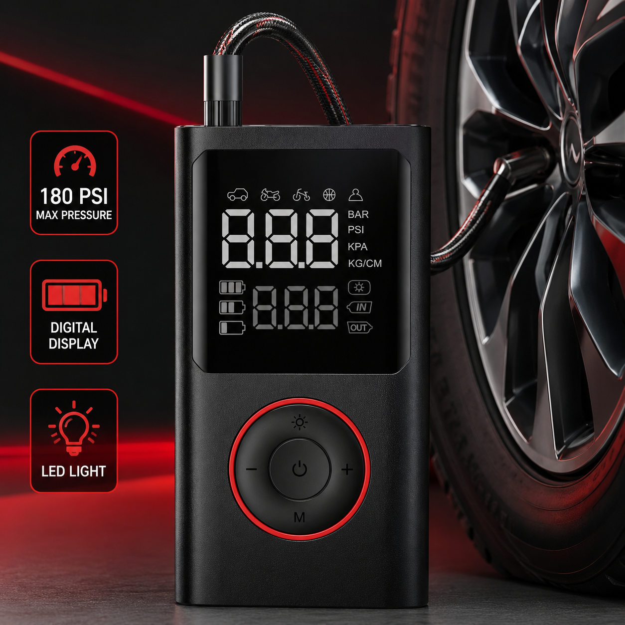 Cordless Tire Inflator Portable Air Compressor – 180 PSI Air Pump for Car Tires
